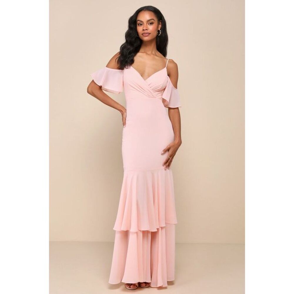 Lulus Brilliant Perfection Blush Pink Cold-shoulder Tiered Maxi Dress - Size S